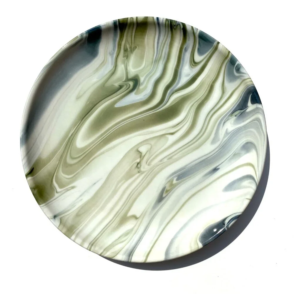 “Simone” marbleized 8” plates, set of FOUR, from Crate & Barrel.